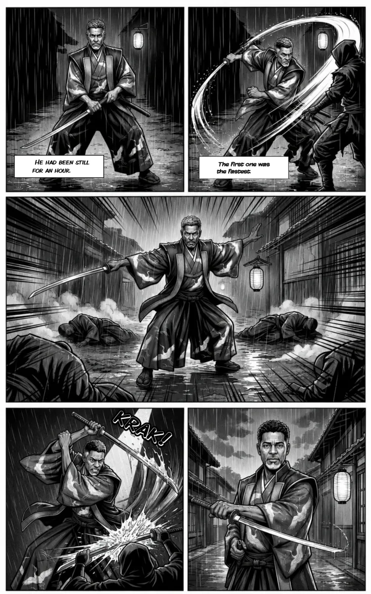 Black-and-white samurai manga