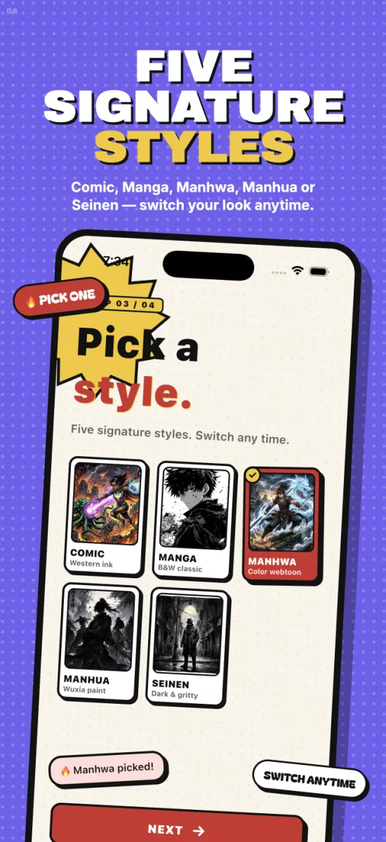Five signature art styles to choose from